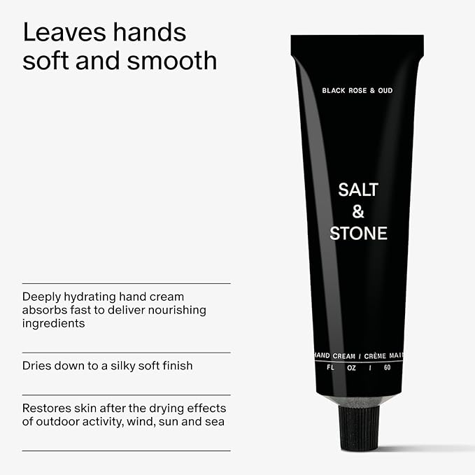 Salt & Stone Hand Cream for Women & Men | Hydrates, Nourishes & Softens Skin | Restores Dry Cracked Hands | Fast-Absorbing | Cruelty-Free & Vegan | Black Rose & Oud 2 fl oz
