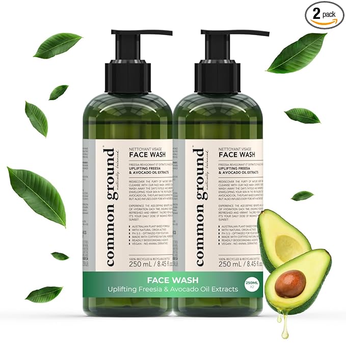 COMMON GROUND Natural Face Cleanser Wash, Paraben & Cruelty Free, Normal, Oily, Dry, Sensitive, Vegan, Plant-Based, pH 5.5, Avocado Oil, Men, Women, All, 8.4 Fl Oz (2 Pack)
