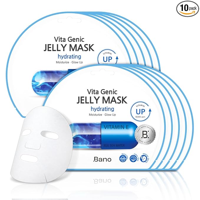 Bano Vita Genic Jelly Face Hydrating Mask 10EA – Firming Sheet Mask for Sensitive Skin, Korean Glass Skin Care with Mineral Water, Vitamin C & Niacinamide, Fragrance-Free