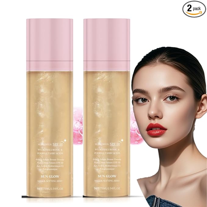 2 Pcs Sheer Setting Mist Sunscreen SPF 50, Broad Spectrum Shimmering Body Oil Mist for Face & Body, Hydrating Makeup Glow Spray, Reef-Safe, Non-Greasy & Fast-Absorbing