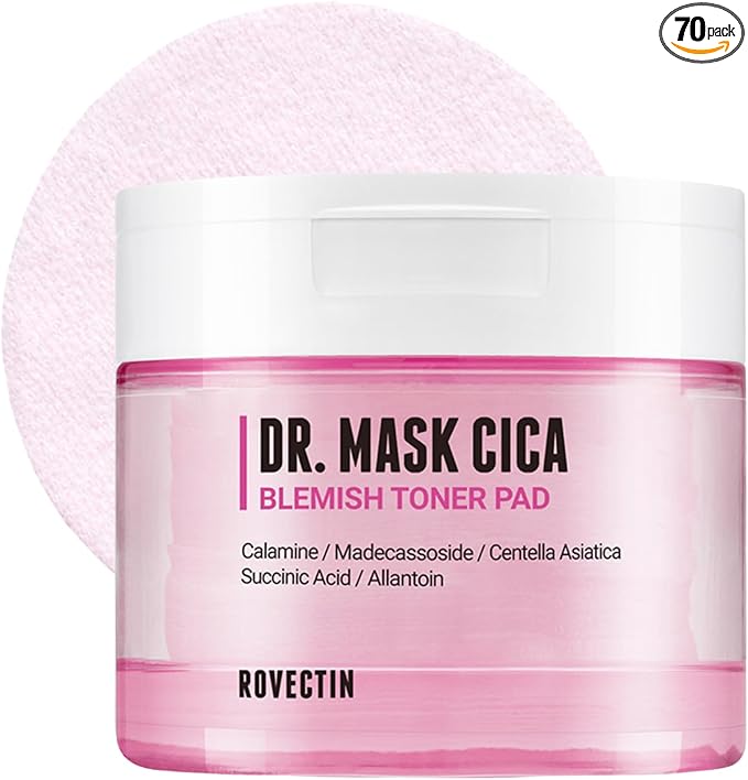 ROVECTIN Dr. Mask CICA Blemish Toner Pad | Redness & Acne Soothing Pads with Pink CICA Complex + Centella Exosomes | Succinic Acid Calming | pH-Balanced Hydrating Pads for Sensitive Skin