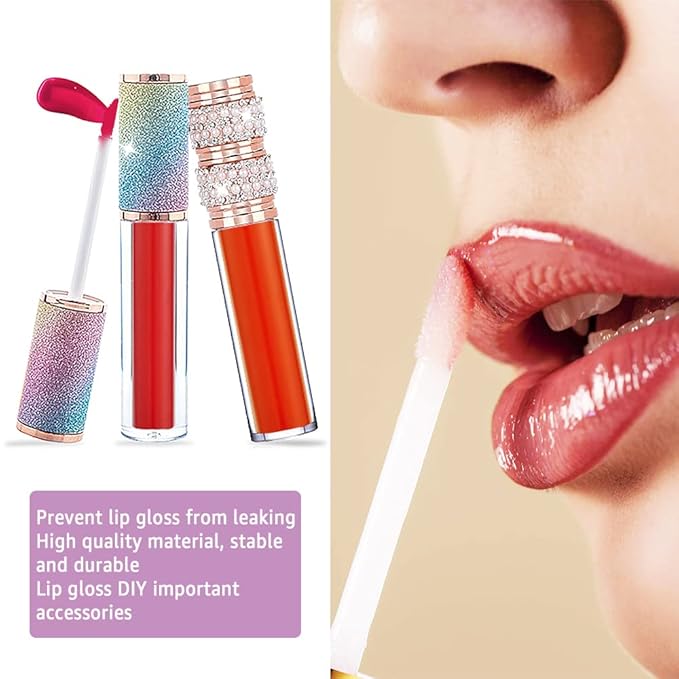 AMORIX 72pcs 5ml Diamond Lip Gloss Tubes With Wand - Empty Rhinestone Containers, Crystal Bottles, Supplies Kit - 4 Syringes + Labels for DIY Base