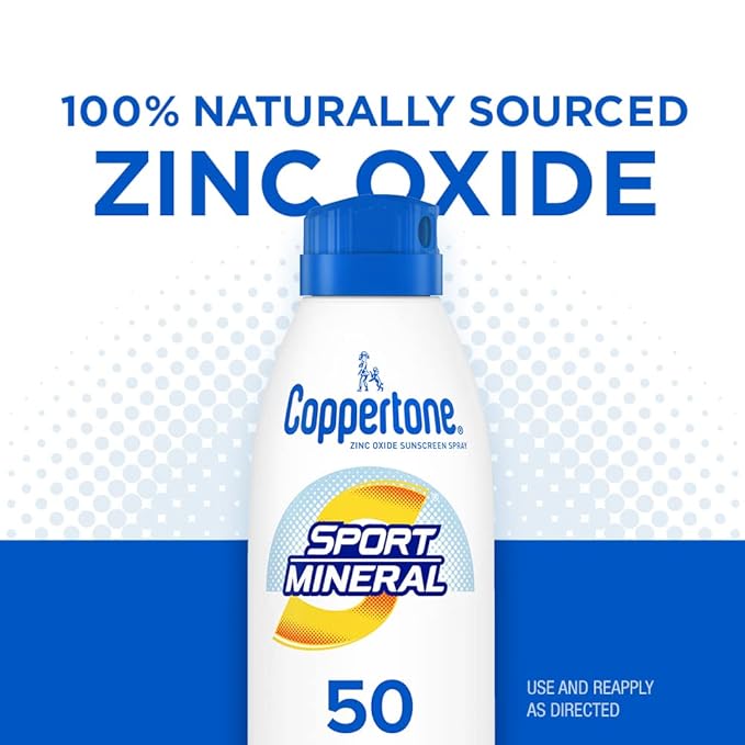 Coppertone SPORT Sunscreen Spray SPF 50, Zinc Oxide Mineral Sunscreen, Water Resistant, 5 Oz (Pack of 2)