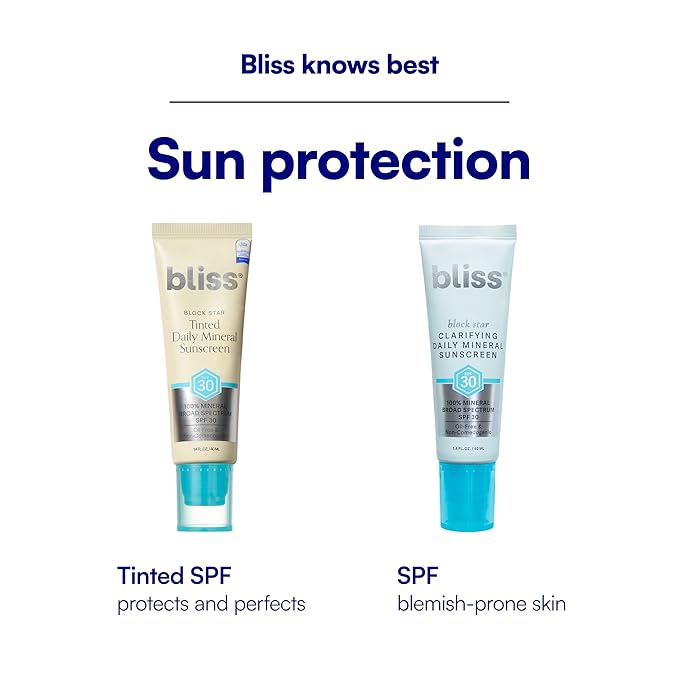 Bliss Block Star SPF 30 Daily Tinted Mineral Sunscreen with Zinc Oxide - All Skin Tones - 100% Mineral Broad Spectrum Sunscreen with Titanium Dioxide & Antioxidant Blend- 1.4 fl oz.