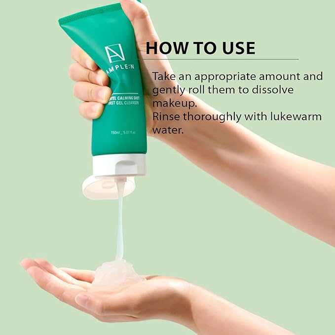 AMPLE:N Centel Calming Shot First Gel Cleanser - Korean Calming Gel Facial Cleanser - Makeup Remover Soap Free Face Wash for Sensitive Skin - Cica and Tea Tree Extract - Fragrance Free - 5.07 fl.oz.