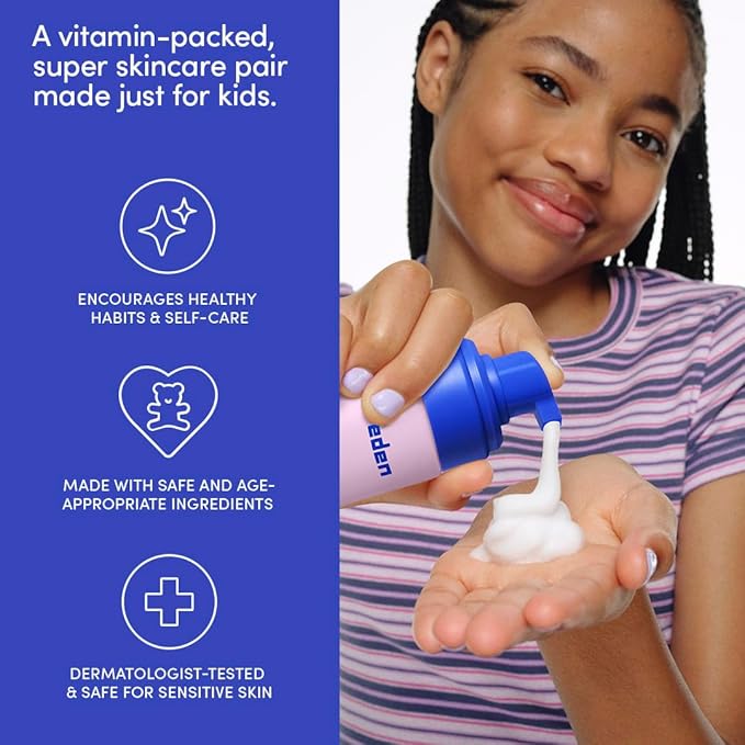 Evereden Happy Kids Skin & Lips Routine - Multi-Vitamin Face Wash & Face Cream Peach & Tinted Lip Oil Sakura Pink Set - Clean & Vegan Skin Care for Kids 3+ - Moisturizing, Nourishing, & Protective