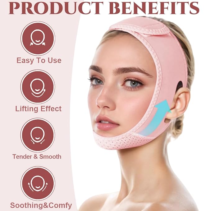 ROWMATE V Line Lifting Mask Chin strap for sleeping, V Line Lifting Mask for Women,Jaw Exerciser，Medium,LightPink