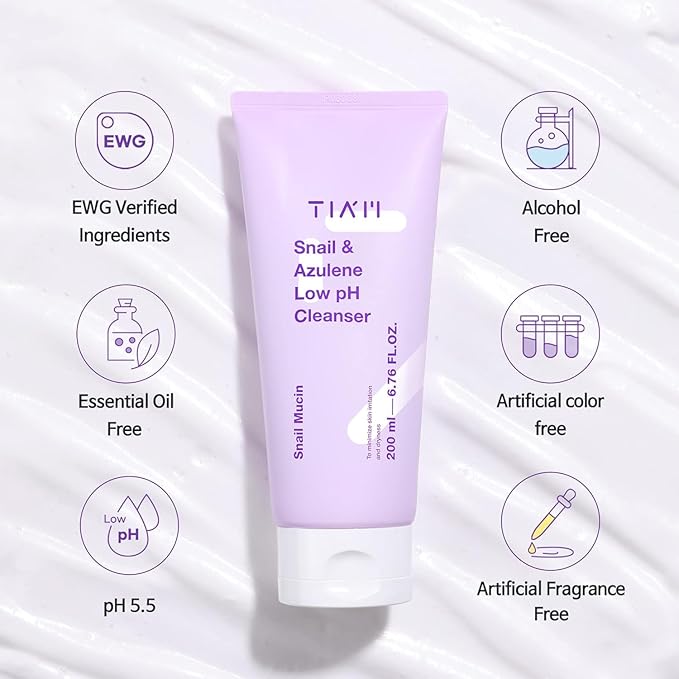 TIA'M Snail&Azulene Low pH Cleanser, 6.76 fl oz, Daily Gentle Face Cleanser with Snail Mucin, Suitable for Sensitive Skin, pH Balancing, Korean Skin Care, Korean Face Wash