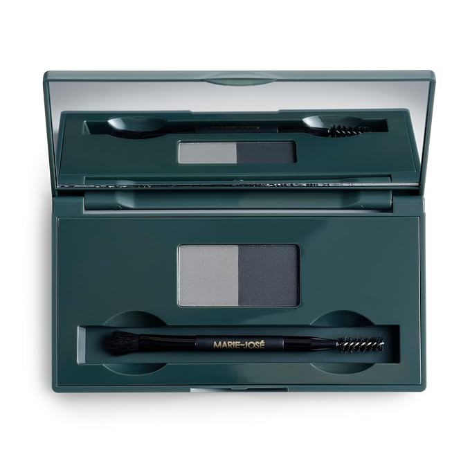 Marie-José Soft Charcoal & Black Duo Brow Powder Kit – Waterproof Eyebrow Powder with 6 Reusable Stencils & Dual-Ended Brush, Long-Lasting Natural-Look Brow Makeup for Dark Hair & Silver Highlights