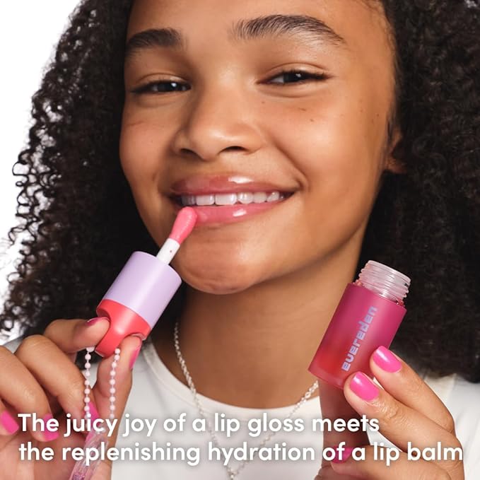 Evereden Kids Tinted Non Toxic Lip Gloss Kit: Ruby Red & Sakura Pink, Non Toxic and Vegan Makeup for Kids - Hydrating Lip Gloss with Sunflower, Avocado, Grapeseed Oils - Gift Set with a Box