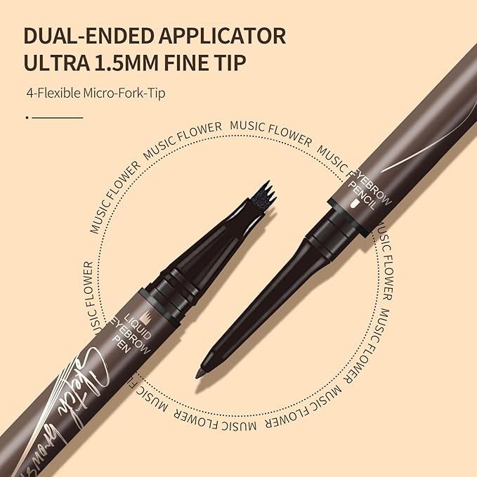 Music Flower Dual-Ended Microfilling Eyebrow Pen, Liquid Eyebrow Pen with 4 Micro Brush-Tip Applicators & Brow Defining Pencil with Precision Tip (Chestnut)