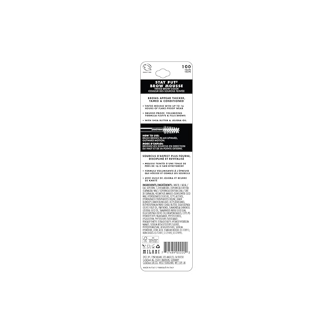 Milani Brow Tint- Stay Put Tinted Brow Mousse, Nourishing, High-Pigment infused with Shea Butter, Jojoba Seed Oil & Panthenol Vitamin B5 - Taupe