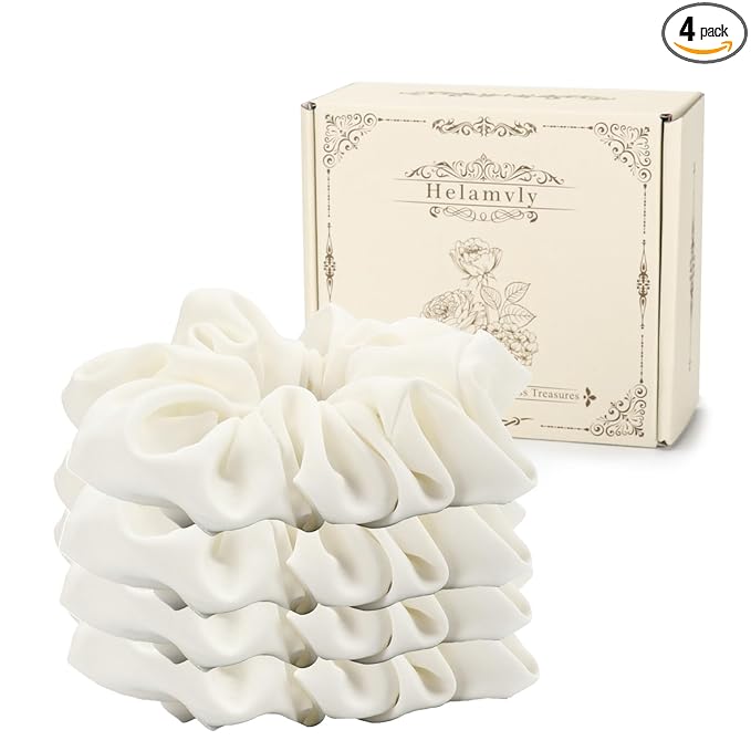 4PCS Large Silk Scrunchies for Women - Hair Elastics Handmade Scrunchie for Thick Hair Girl Hair Ties Ponytail Holders Jumbo Scrunchies (White)