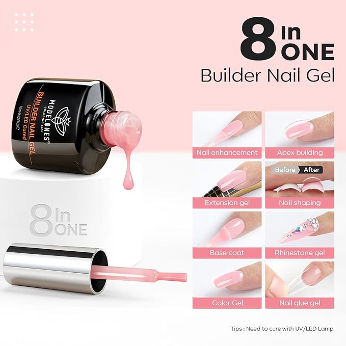 modelones Base Coat Builder Nail Gel, 2 Pcs Clear and Rose Nude Pink Builder Nail Polish for Thickening Apex Building 8-in-One Rubber Color Base Polish Extend Gel LED Lamp Cured 10 ml DIY Salon