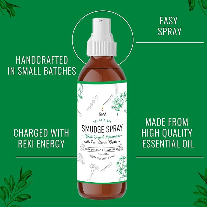 Soul Sticks Smudge Spray for Cleansing Negative Energy and Purifying Home | Made with White Sage and Quartz Crystals | 3.5 oz. Bottle (White Sage & Peppermint)