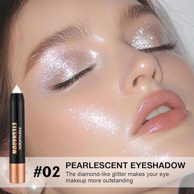 FeiCuiYun Monochrome Cream Glitter-Shimmer Eye Shadow Stick Palette makeup | 2-in-1 Eyeshadow & Eyeliner Pencil for Women | Waterproof, Vegan & Cruelty-Free | Sombras Para Ojos | 02 Shimmer White
