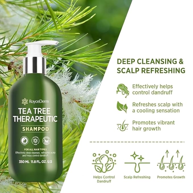 Roycederm Tea Tree Shampoo, Anti-Dandruff Clarifying Scalp Care for Dry, Itchy & Flaky Scalp, Helps Control Dandruff, Flaking & Scaling, For All Hair Types, Paraben Free & Sulfate Free, 2 Pack