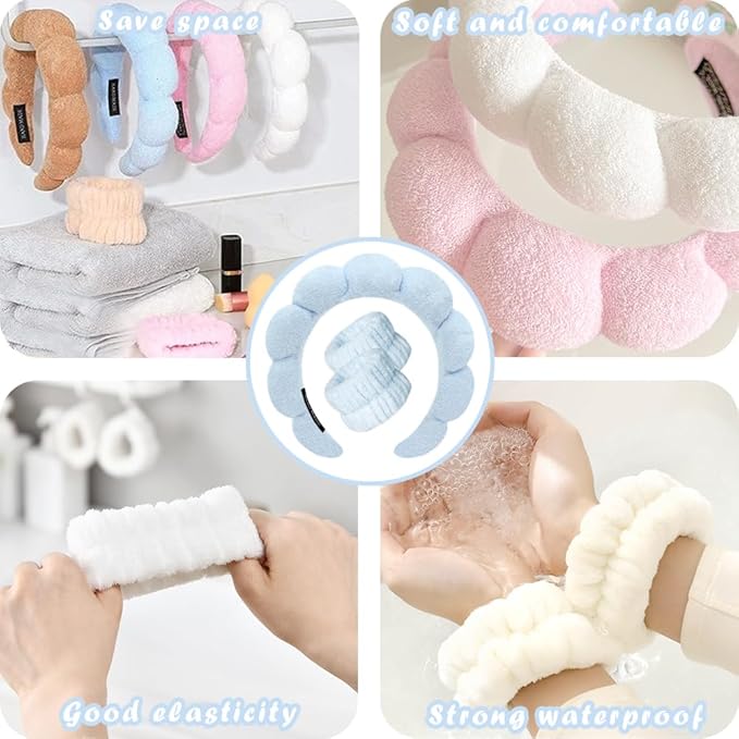 Spa Headbands for Washing Face Wristband Set Sponge Makeup Skincare Headband Wrist Towels Bubble Soft Terry Towel Cloth Hairband for Women Puffy Headwear Non Slip Thick Thin Hair Headwear (Blue)