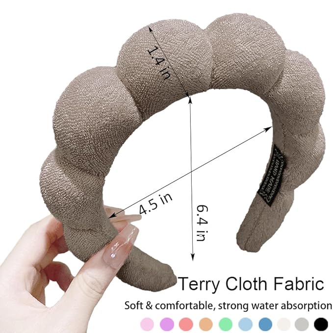 AOENJIE Spa Headbands for Washing Face or Makeup, Sponge Bubble Skincare Headbands, Puffy Terry Cloth Hairband for Women, Skin Care Makeup Headwear Hair Accessories for Girls (Dark Coffee)