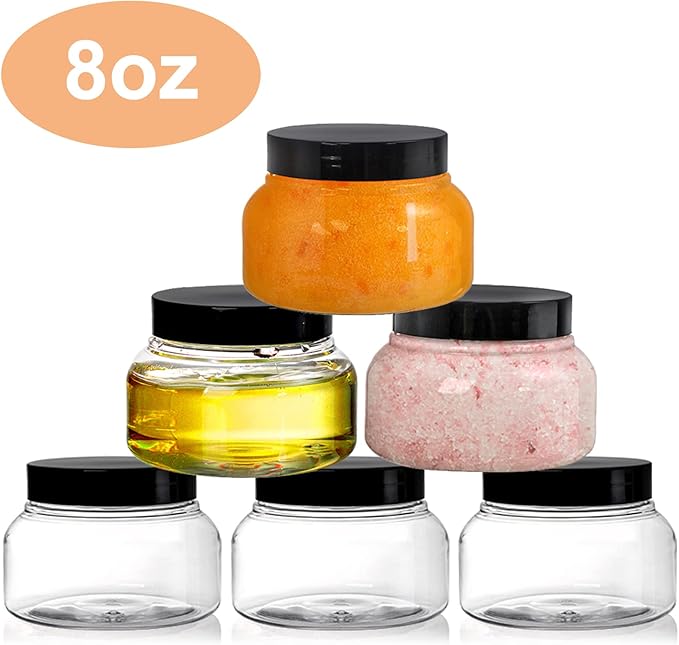 Yarlung 16 Pack 8 Oz Plastic Jars with Lids, Clear Body Scrub Containers Empty Refillable Containers Round Low Profile Samples Jars for Makeup, Body Butter, Creams, Slime, Travel Storage