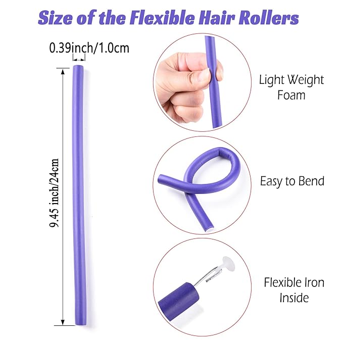 60PCS 9.45" x 0.39" Diameter Small Foam Hair Curlers,Heatless Flexible Curling rod for Short,Medium and Long Hair (0.39 x 9.45 Inch, Purple)