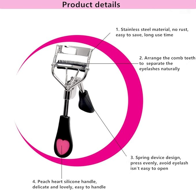 MERVK Stainless Steel Eyelash Curler with Built-in Comb Pinch Pain-Free Suitable for Any Eye Shapes and Sizes, with 5 Silicone Refill Pads (Black)