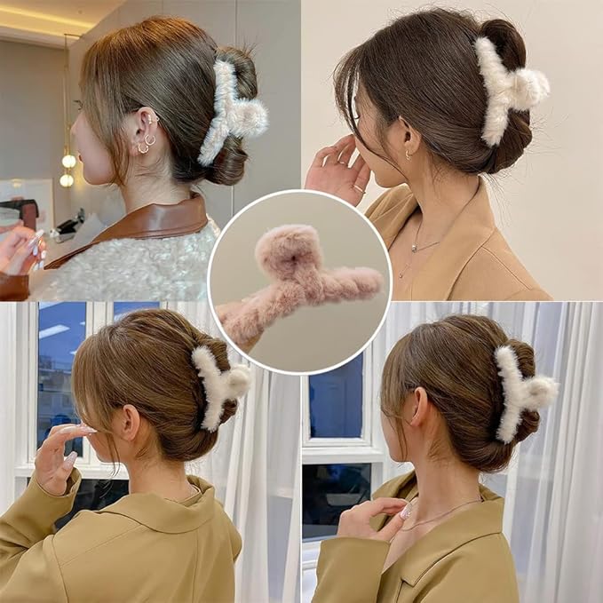 3pcs Fuzzy Claw Clip,Plush Hair Clamp for Thick Hair, Large Faux Fur Hair Claw Clips,cute hair clips for claw clips for Thin Hair