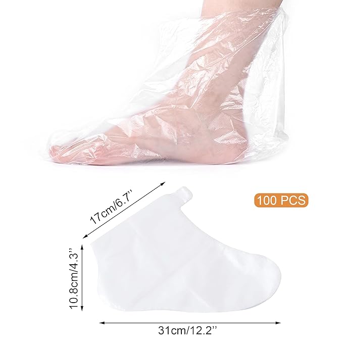Quacc 100 PCS Plastic Disposable Foot Covers, Paraffin Bath Liners for Feet, Clear Foot Mask Socks for Pedicure, Spa, Trial Shoe