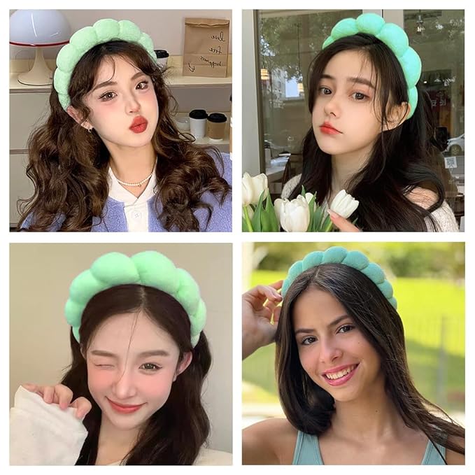 AOENJIE Spa Headbands for Washing Face or Makeup, Sponge Bubble Skincare Headbands, Puffy Terry Cloth Hairband for Women, Skin Care Makeup Headwear Hair Accessories for Girls (Green)