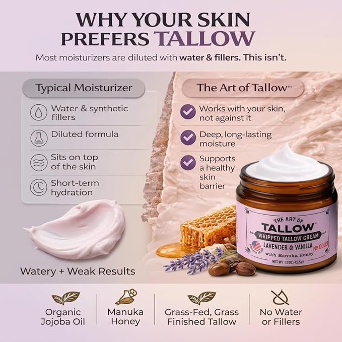 Tallow Face Moisturizer – Lavender Vanilla Beef Tallow for Skin, Whipped Tallow Cream with Manuka Honey & Organic Jojoba Oil, Face Cream, Grass Fed & Finished, Made in USA, 1.5 oz