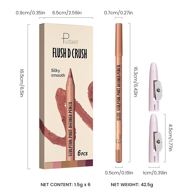 Pudaier 6Pcs Lip Liner Set, Nude-Pink Matte Series Lip Liner with 2 Sharpeners, Smooth & Longer-Lasting LipLiner for Women, High Pigmented Waterproof Lip Liner Pencil for Defining & Filling Lips