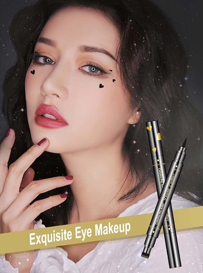 6 Pcs Double-headed Eyeliner Stamps Set Black Liquid Eye Liner Pen With Star,Moon,Heart,Flower,Smiley,Triangle Stamp Stencils Shapes for Women Makeup Kit Long-Lasting Waterproof Smudgeproof