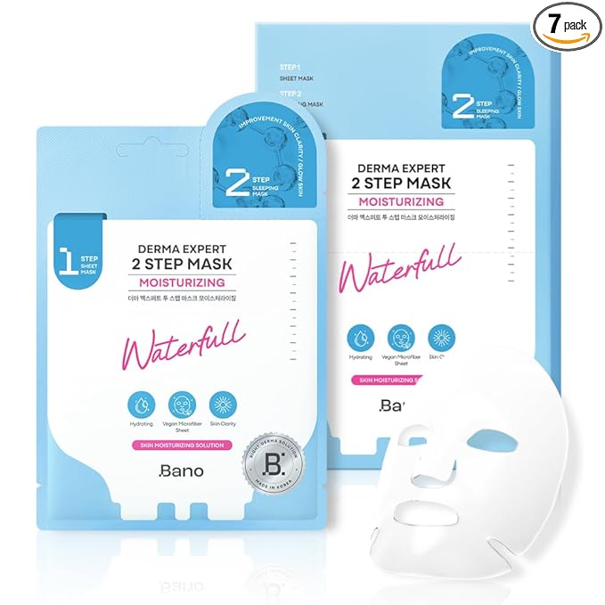 Bano Derma Expert 2 Step Moisturizing Face Mask – 2 in 1 Hydrating Sheet & Sleeping Mask with Hyaluronic Acid, Ceramide & Niacinamide | Supports Skin Barrier & Glow | Korean Skincare | 7 Sheets