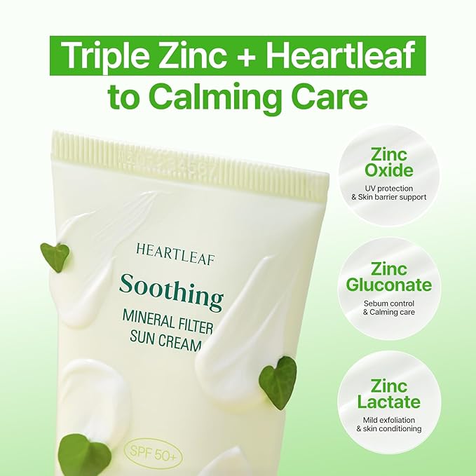 GOODAL Heartleaf Soothing Zinc 100 Mineral Sunscreen SPF 50, Zinc Oxide Korean Face Sunscreen for Sensitive & Acne-Prone Skin, No White Cast, Reef-Friendly, Vegan, Korean Skincare, 1.69 Fl Oz