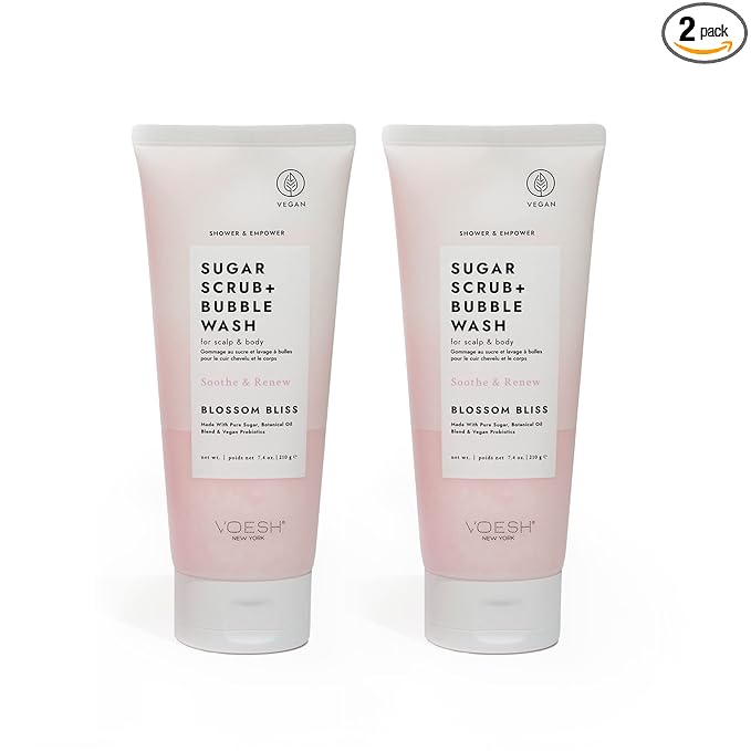 VOESH Sugar Scrub + Bubble Wash, Exfoliating Body Scrub & Body Wash, Blossom Bliss 2 Pack, Scalp Scrub, Scalp Care, Shower Sugar Scrub, Vegan Body Care