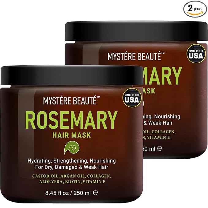 MYSTÉRE BEAUTÉ Rosemary Deep Conditioning Hair Mask for Dry Damaged Hair and Growth with Collagen Argan Oil - Rosemary Oil Leave in Conditioner aceite de romero puro y natural 8.5 fl oz x 2 Pack