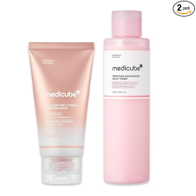 medicube Milky Glazed Donut Skin Duo: Collagen Glazed Milky Glow Wrapping Mask and PDRN Pink Niacinamide Milky Toner | Moisture-Boosting Toner and Mask for Radiant Glass Glow Skin