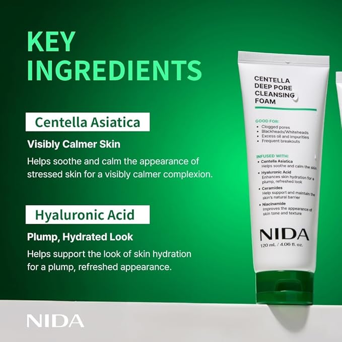NIDA Centella Deep Pore Cleansing Foam | Centella Asiatica, Hyaluronic Acid, Ceramides, Niacinamide | Clogged Pores, Blackheads/Whiteheads, Good for Impurities & Breakouts | 4.06 oz., 120ml