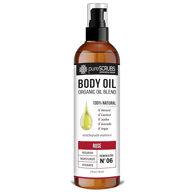 pureSCRUBS Ultra Moisturizing Rose Body Oil Spray For Dry Skin, Massage, Cuticles & More, Organic Super Blend of Jojoba, Argan, Coconut, Sweet Almond & Avocado Oils Enriched with Vitamin E, Lg 4oz