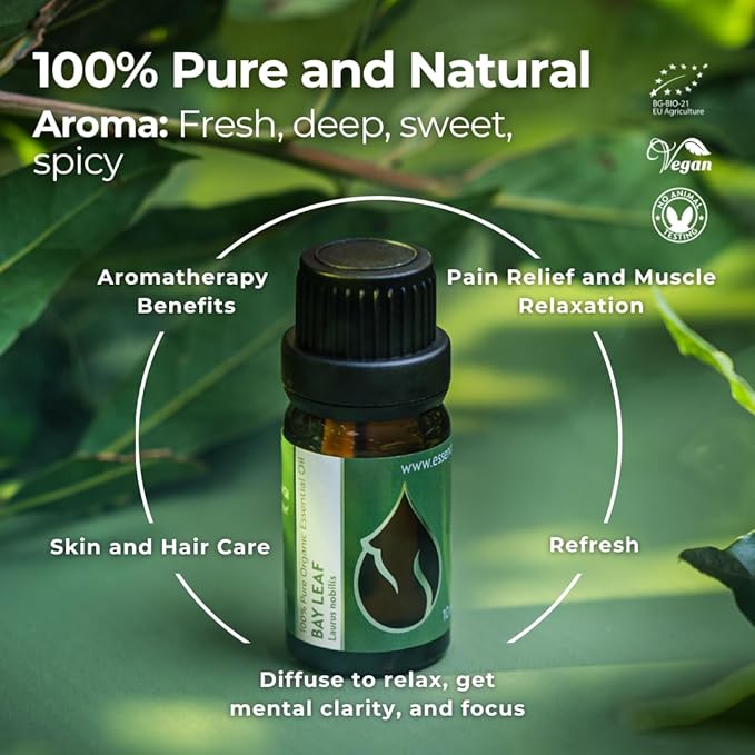 Essences Bulgaria Organic Bay Leaf Essential Oil 1/3 Fl Oz | 10ml | Laurus nobilis | 100% Pure and Natural | Undiluted | Therapeutic Grade | Family Owned Farm | Steam-Distilled | Non-GMO | Vegan