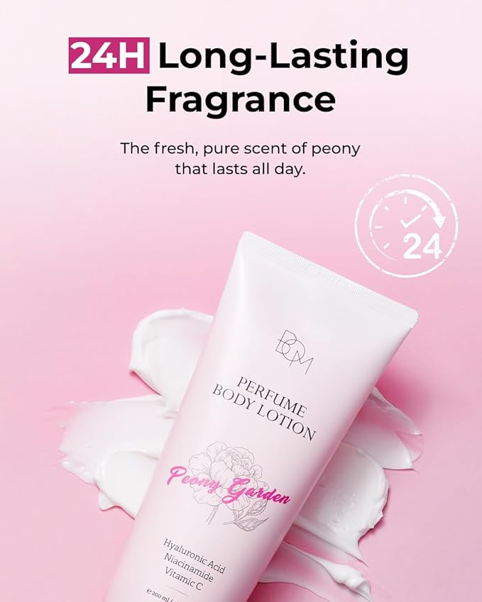 BOM Peony Garden Perfume Body Lotion 6.76 Fl Oz, Floral Scented Body Cream with Hyaluronic Acid, Niacinamide & Vitamin C, Long-Lasting Moisture & Fragrance, Non-Sticky & Smoothing, Korean Skincare