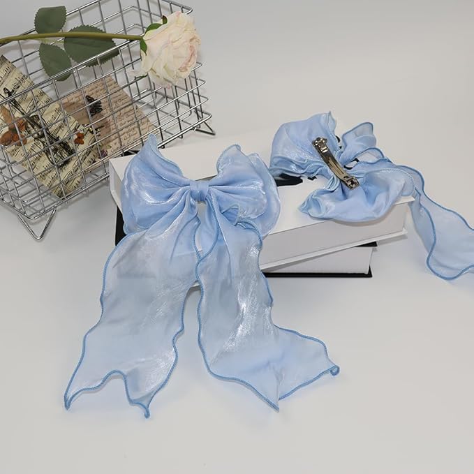 Bright Colors Hair Ribbon-Organza Bow With Long Tail Ribbon ，Soft Chiffon Hair Bows for Women and small Girls，Elegant and fashionable Large Bow Metal Spring Clip bow hair clip Large -Blue