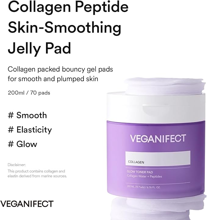 VEGANIFECT Collagen Peptide Jelly Toner Pads | Dual-Function Skincare for Wrinkle Care | Pore Tightening, Elasticity Boost, and Glow Radiance, Korean Skincare | 6.76 fl.oz.(200ml)*70Pads