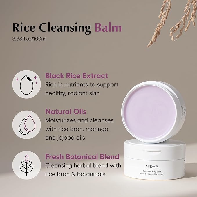 MIDHA RICE CLEANSING BALM, 3.38fl.oz/100ml, Deep cleansing, Moisturising, Gentle makeup remover, Balm to oil formula, daily facial wash, Non-irritating cleanser, Blackhead cleansing, Hydrating, Vegan