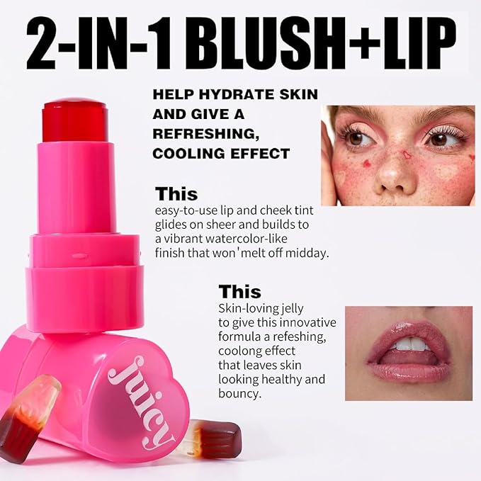 FYEBOO Cooling Water Jelly Tint Blush, Multi-Use Juicy Lip + Cheek Tint, Hydrating & Bouncy Jelly Texture, Long-lasting Sheer Color, 0.32 oz (# 02, 0.32 oz)