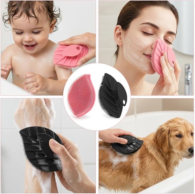2 Pack Silicone Body Scrubber, Soft Silicone Loofah, Gentle Exfoliating Body Scrubber for Sensitive Skin, Leaf Shaped Shower Scrubbers, Silicone Scrubbers Body Brush for Women Men (Pink & Black)
