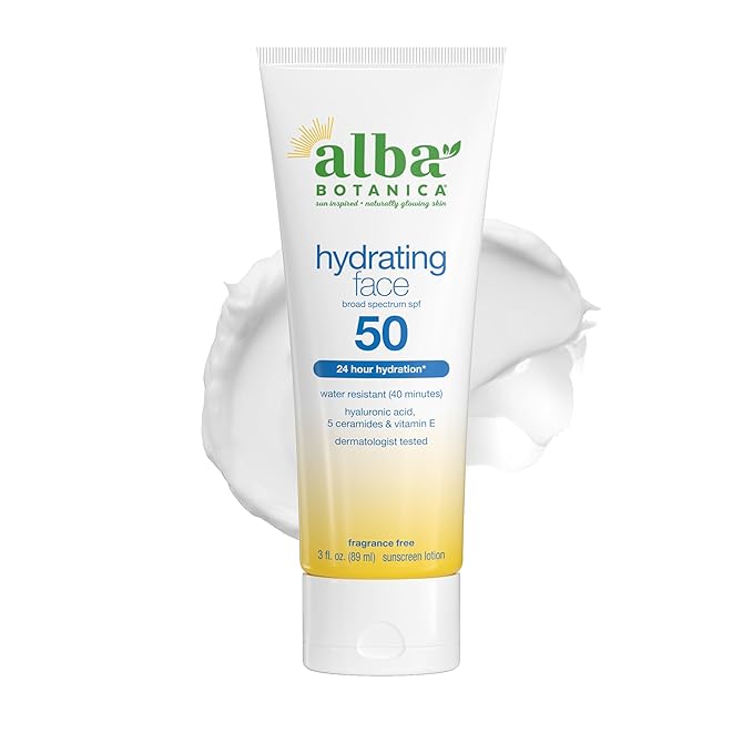 Alba Botanica Hydrating Face Sunscreen Lotion, SPF 50 Broad Spectrum Protection, 24 Hour Hydration, Water Resistant (40 minutes), Fragrance Free, Oxybenzone-Free, 3 Fl. Oz