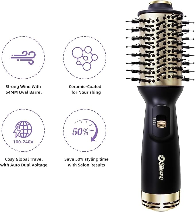 Hair Dryer Brush Blow Dryer Brush 4 in 1, 2 Inch Hot Air Brush for Hair Drying & Styling | Ionic Oval Barrel for Smooth, Frizz-Free Volume Blowout, Dual Voltage Travel Hair Dryer Brush (Black)