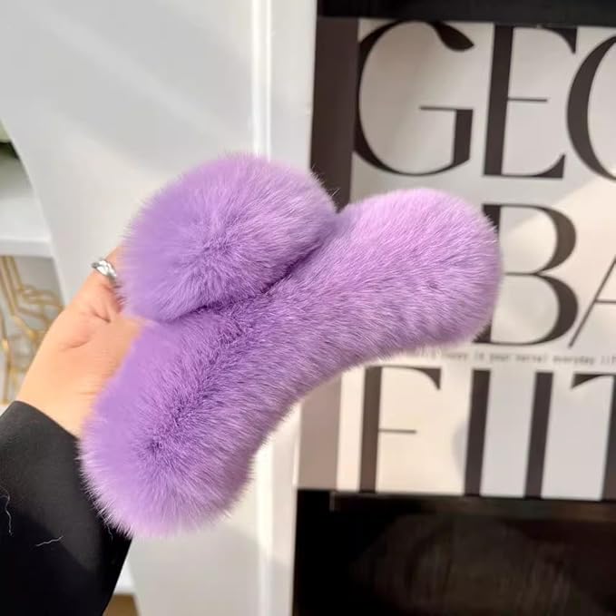 YOYLMAL Large Faux Fur Hair Claw Clip for Women, 5.1 Inches Winter Fluffy Fuzzy Hair Clips, Nonslip Strong Hold Furry Big Jaw Clamp for Thick Long Hair (Purple)