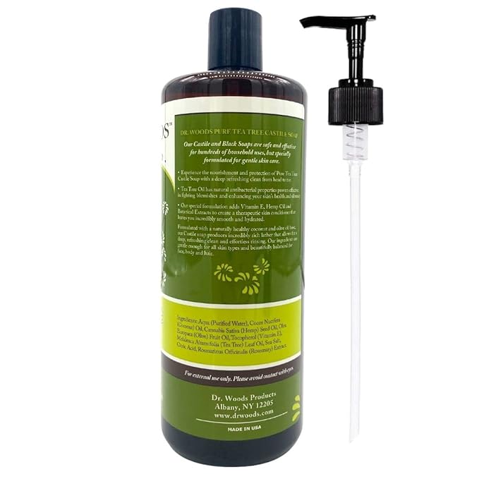 Dr. Woods Pure Tea Tree Liquid Castile Soap with Pump - Natural Castile Soap for Body, Hands, and Face with Vitamin E and Hemp Oil, for Men and Women - 32 Fl Oz